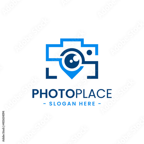 Photo point logo design template. Abstract combination of camera with navigation pin icon vector. Concept of place for photography. Flat style for graphic design, logo, web, UI.