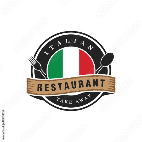 Vintage Italian restaurant logo circular emblem with spoon and fork