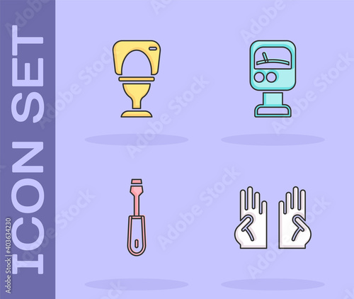 Set Rubber gloves, Toilet bowl, Screwdriver and Pressure water meter icon. Vector.
