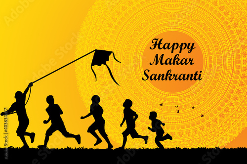 designer illustration of happy makar sankranti with children flying kite in yellowish silhouette mandala in background for template,wallpaper and flyers.
