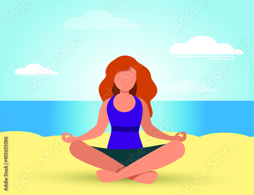 Amazing cartoon girl in yoga lotus pos. Practicing yoga. Vector illustration. Young and happy woman meditates.