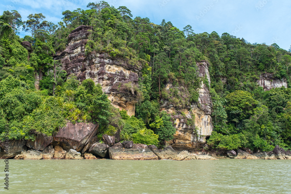 Geologically interesting sandstone rock formation at Bako National Park on Borneo. The park with its rich biodiversity and multiple biomes is also famous for his sea stack rocks