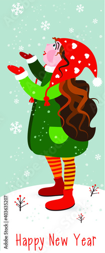 Cute little girl plays with snowflakes. Vector Illustration