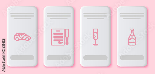 Set line Limousine car, Marriage contract, Glass of champagne and Champagne bottle. White rectangle button. Vector.