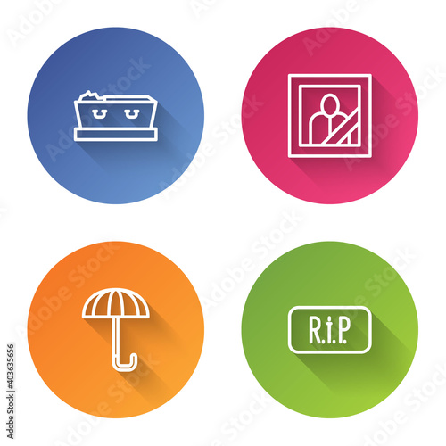 Set line Coffin with dead, Mourning photo frame, Umbrella and Speech bubble rip death. Color circle button. Vector.