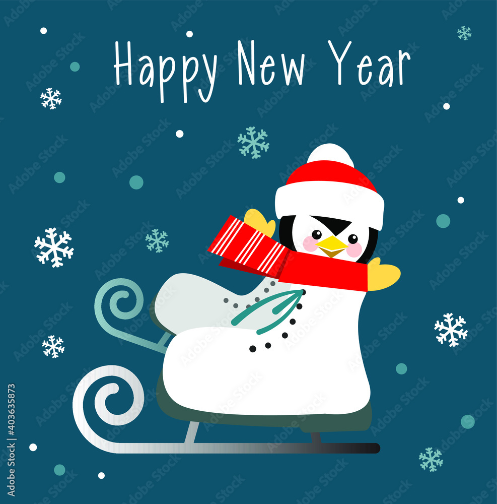 Fototapeta premium Cute Christmas penguin in a skate shoe. Vector illustration. 