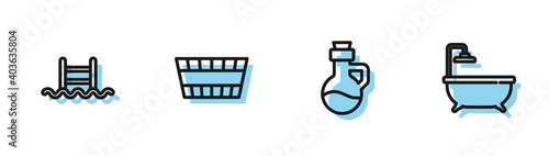 Set line Essential oil bottle, Swimming pool with ladder, Sauna bucket and Bathtub icon. Vector.
