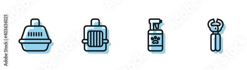 Set line Pet shampoo, carry case, and nail clippers icon. Vector.