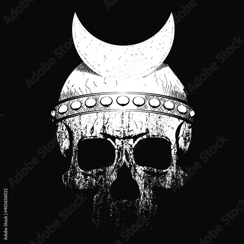 vector illustration of a skull with helmet and moon symbol on black background. Design for t-shirts or posters.