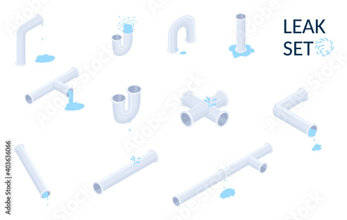 Vector isometric set of plumbing pipes with leaks isolated on white.Isometric illustration.