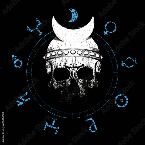 Vector illustration of a skull with a lunar helmet surrounded by symbols of planets of the solar system. Design for t-shirts or posters.