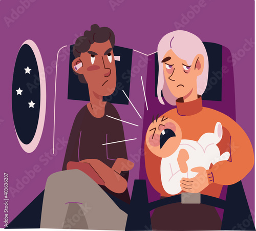 Funny picture of family on board of air plane. Angry childfree Male passenger can’t sleep because of tired exhausted young mother with screaming stressed infant baby. Travelling problems with children