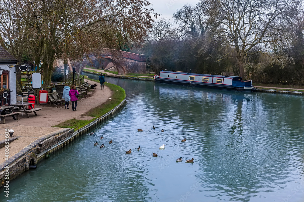 Naklejka premium The lower canal basin at Foxton Locks, UK on a still winter's afternoon