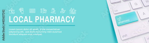 Pharmaceuticals and medications icon set w web header banner