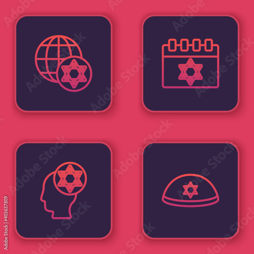 Set line World Globe and Israel, Orthodox jewish hat, Jewish calendar and kippah. Blue square button. Vector.