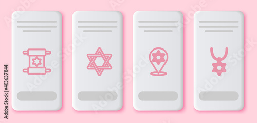 Set line Torah scroll, Star of David, and necklace on chain. White rectangle button. Vector.