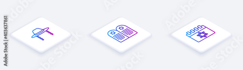 Set Isometric line Orthodox jewish hat, Tombstone with star of david and Jewish calendar. White square button. Vector.