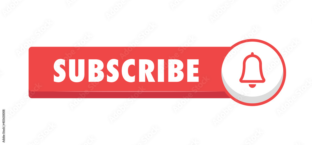Subscribe red button with bell icon. Subscription to channel in social media. Flat style vector design. Subscribe red button with bell icon. Subscription to channel in social media. Flat style vector design.