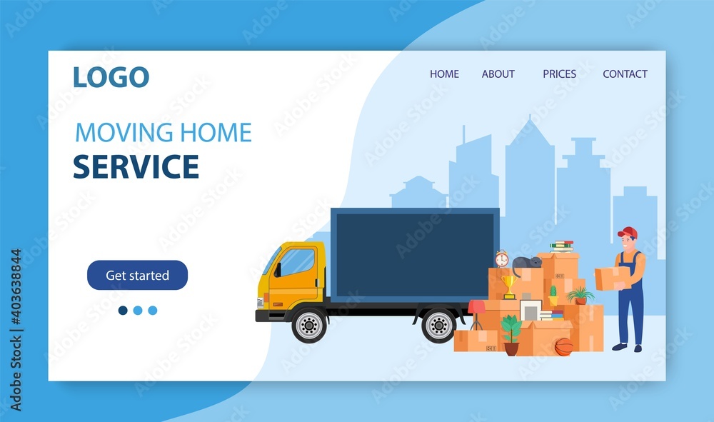 Man with cardboard boxes. Delivery service concept. moving house. Pile cardboard boxes with truck. Landing page. Relocate to new home or office. Vector illustration in flat style