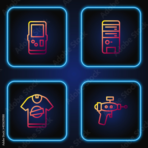 Set line Ray gun, T-shirt, Tetris and Computer. Gradient color icons. Vector.