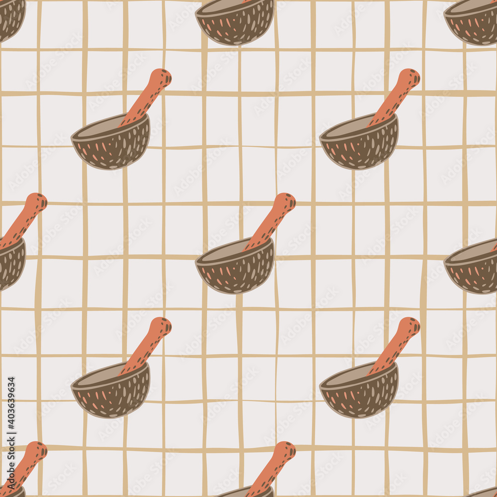 Fototapeta premium Brown martar and pestle doodle print seamless pattern. Light background with check.
