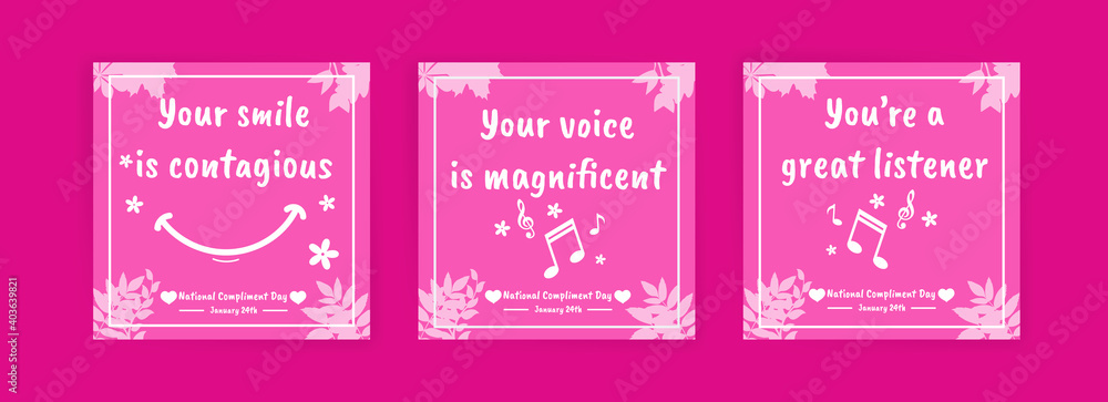 National Compliment Day. January 24th. Social media post templates, banners, cards, posters with text. National Compliment Day. January 24th. Social media post templates, banners, cards, posters with text.