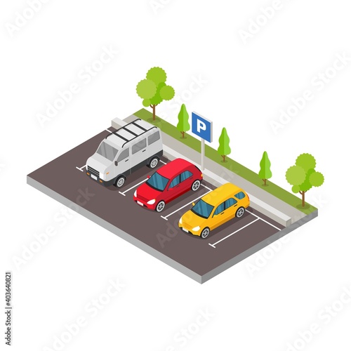 Isometric car in the parking area with trees design concept vector illustration