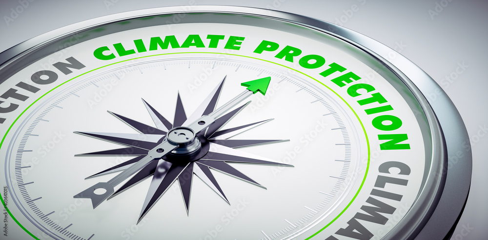 White compass with needle pointing to the words climate protection - 3D Illustration White compass with needle pointing to the words climate protection - 3D Illustration