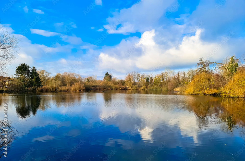 Panoramic view of a lake, called Altwasser in German.
Peaceful landscape with trees on the shore and cumulus clouds in the blue sky. Neuburg am Rhein, Rhineland-Palatinate, Germany