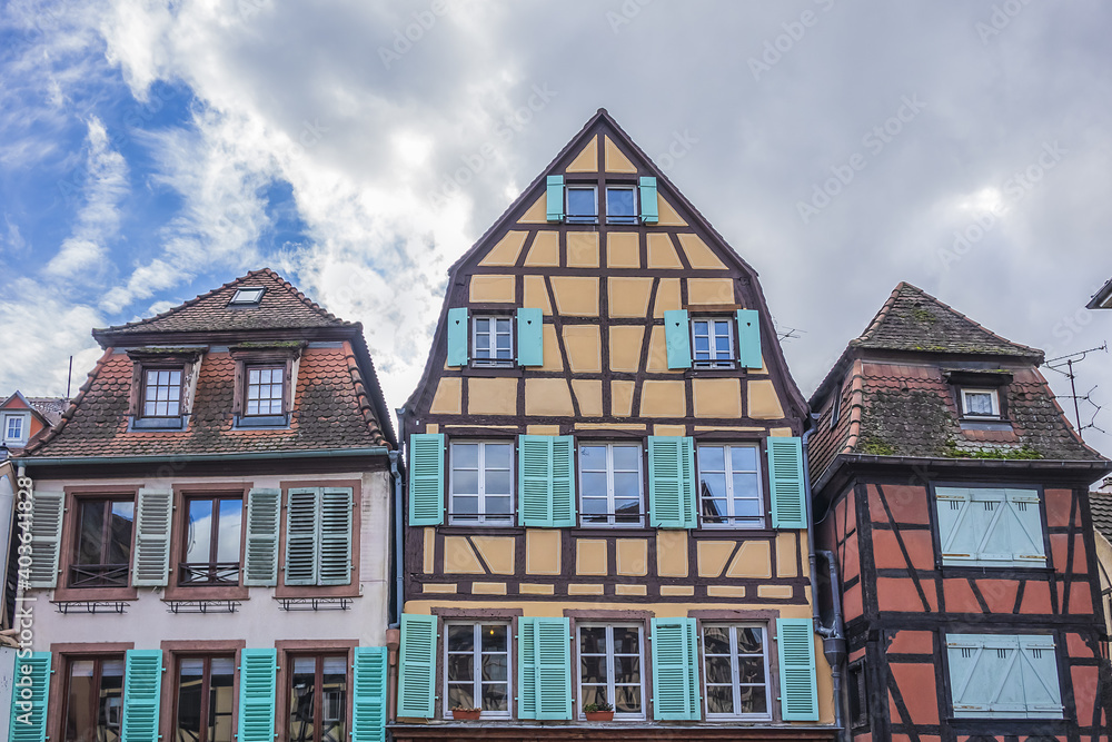 Street scene with colorful traditional French houses in Colmar old town. Colmar is a charming town in Alsace. Colmar, France.