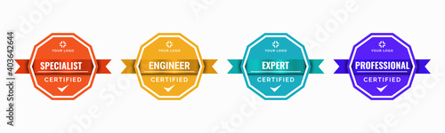 Set of company training badge certificates to determine based on criteria. Standard verified modern vintage colorful vector illustration.