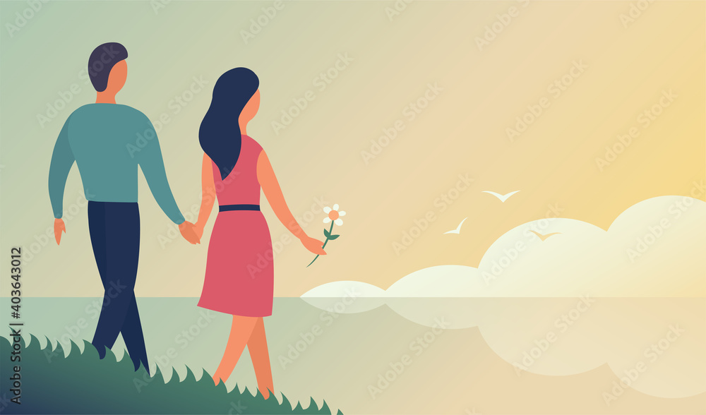 Fototapeta premium Young man and woman are walking on the background of sea. Vector flat illustration.