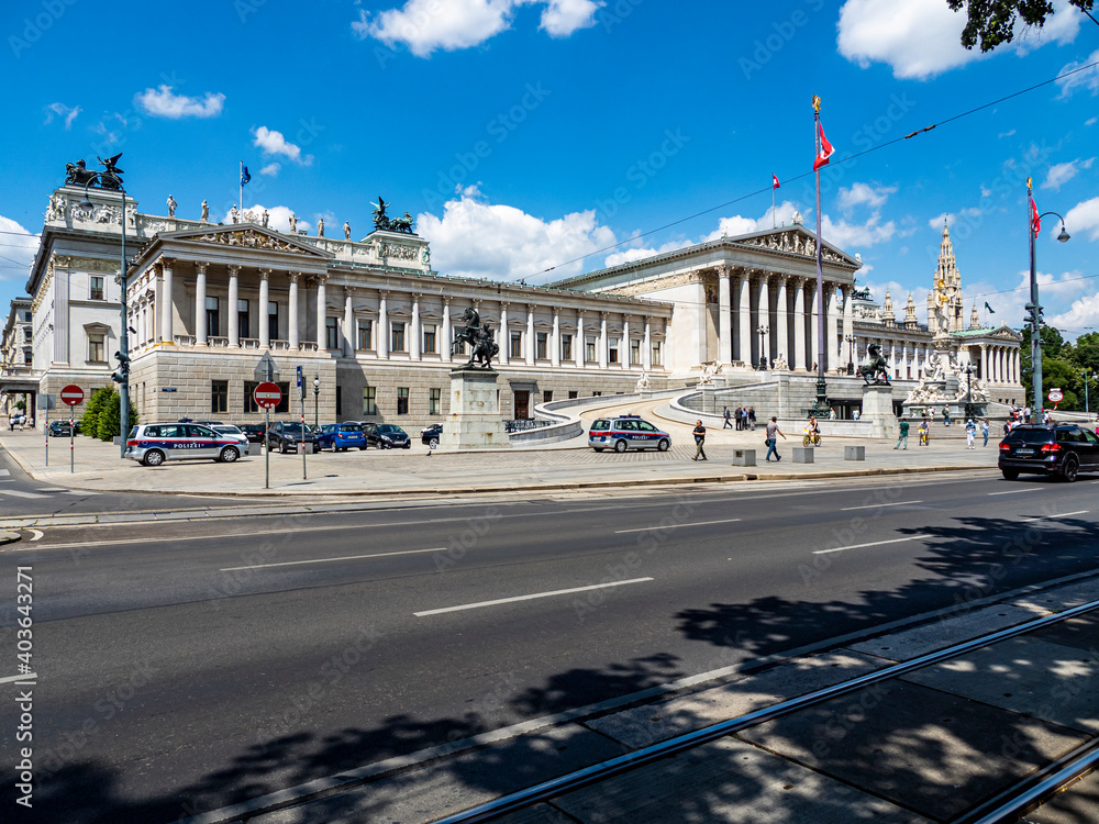 Fototapeta premium Austria, vienna, 2016, Jul, 10th Parliament with the Pallas Athene fountain, inner city, Vienna, Austria, AUT