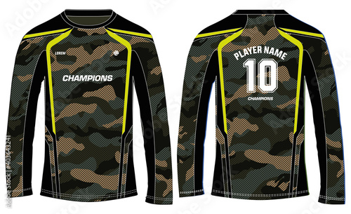 camouflage long sleeve t shirt, Sports  jersey design concept vector template, sports jersey concept with front and back view for Motocross jersey, Cricket, Football, Volleyball, Rugby uniform designs