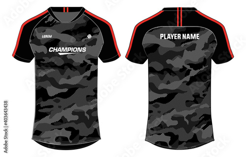camouflage Sports t-shirt jersey design concept vector template, sports jersey concept with front and back view for Soccer, Cricket, Football, Volleyball, Rugby, tennis, badminton and e-sports uniform