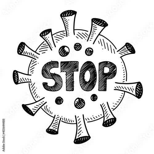 Simple drawing of the coronavirus written stop inside