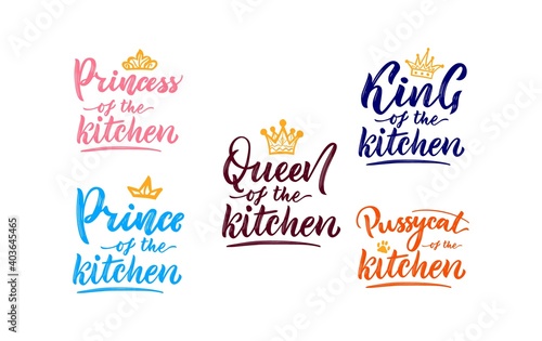 Set of motivational funny kitchen family quote with illustration of hand drawn crown. Vector script.