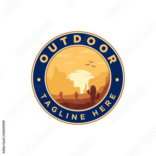 Vector graphic of grand canyon sunset or desert outdoor adventure logo emblem circle premium flat design in white background