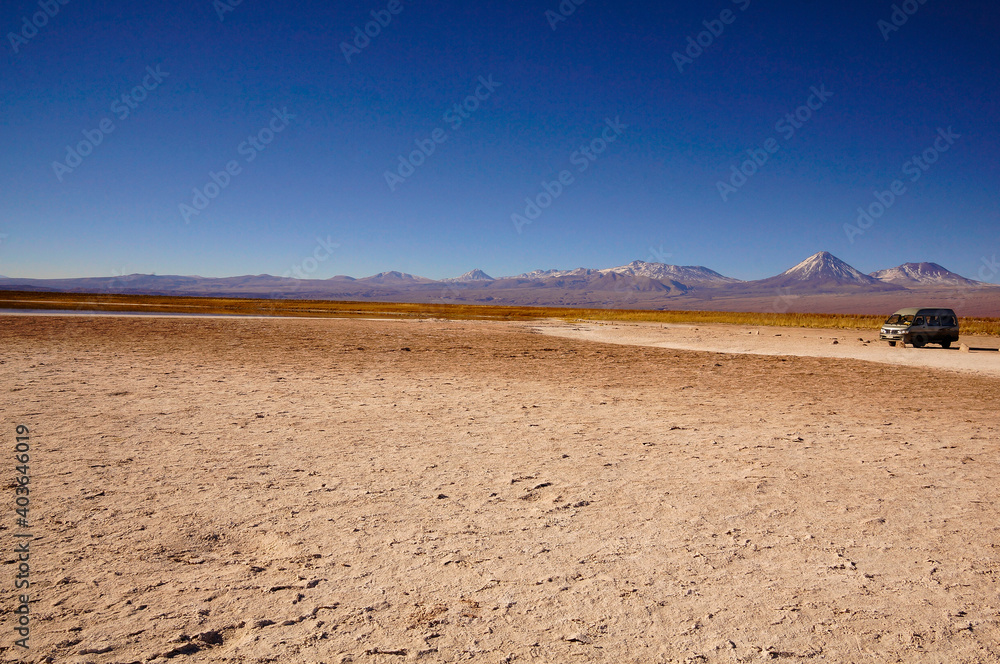 Van parked by Laguna Cejar in the Atacama Desert, Antofagasta, Chile