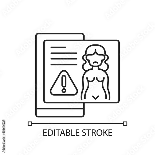 Revenge porn linear icon. Distribution of sexualy explicit content. Publish naked photos. Thin line customizable illustration. Contour symbol. Vector isolated outline drawing. Editable stroke