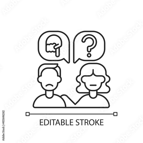 Talk to someone linear icon. Help to upset person. Psychological support for abuse victim. Thin line customizable illustration. Contour symbol. Vector isolated outline drawing. Editable stroke
