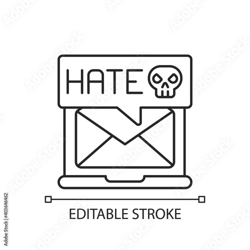 E-mail cyberbullying linear icon. Hate messages. Offensive mail. Receive hurtful anonymous text. Thin line customizable illustration. Contour symbol. Vector isolated outline drawing. Editable stroke