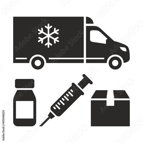Coronavirus vaccine distribution icon. Mass vaccination against COVID-19. Refrigerated truck. Syringe. Vector icon isolated on white background.