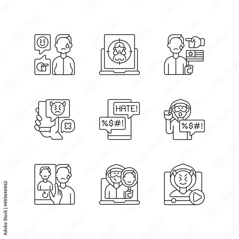 Online harassment and bullying linear icons set. Weight-base cyberbullying and bodyshaming. Customizable thin line contour symbols. Isolated vector outline illustrations. Editable stroke Online harassment and bullying linear icons set. Weight-base cyberbullying and bodyshaming. Customizable thin line contour symbols. Isolated vector outline illustrations. Editable stroke