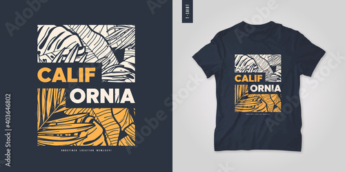 California summer graphic t-shirt design, tropical print, vector illustration