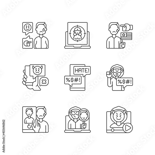 Online harassment and bullying linear icons set. Weight-base cyberbullying and bodyshaming. Customizable thin line contour symbols. Isolated vector outline illustrations. Editable stroke