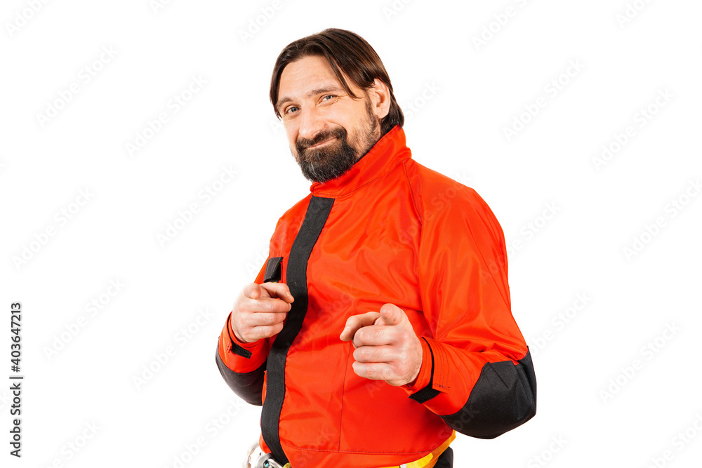 The man advertises climbing gadgets. The man advertises climbing gadgets.