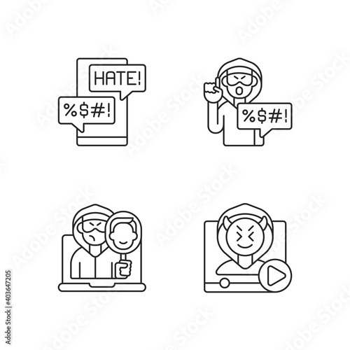 Online bullying linear icons set. Messenger cyberbullying. Video shaming. Online impersonation. Customizable thin line contour symbols. Isolated vector outline illustrations. Editable stroke