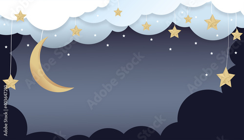 Night sky background, Paper art abstract origami cloudscape, crescent moon and stars,Vector illustrationPaper cut of dark blue sky,Concept of dreamy with fantasy styling design backround for children