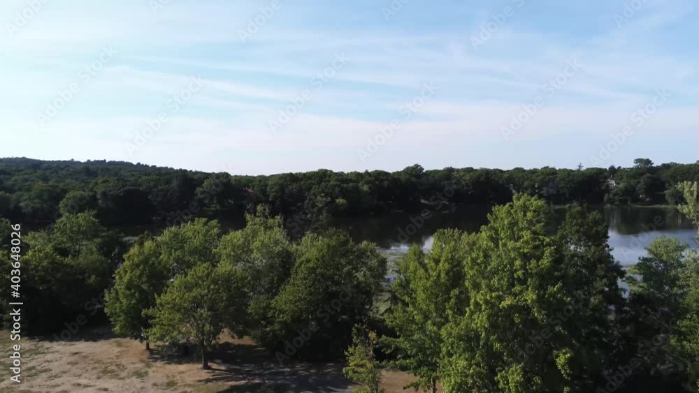 Drone shot of soccer net panning up to see nearby lake. Drone shot of soccer net panning up to see nearby lake.